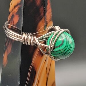 Elegant Malichite Natural Gemstone Wire-Wrapped Ring Size 7.5 Boho